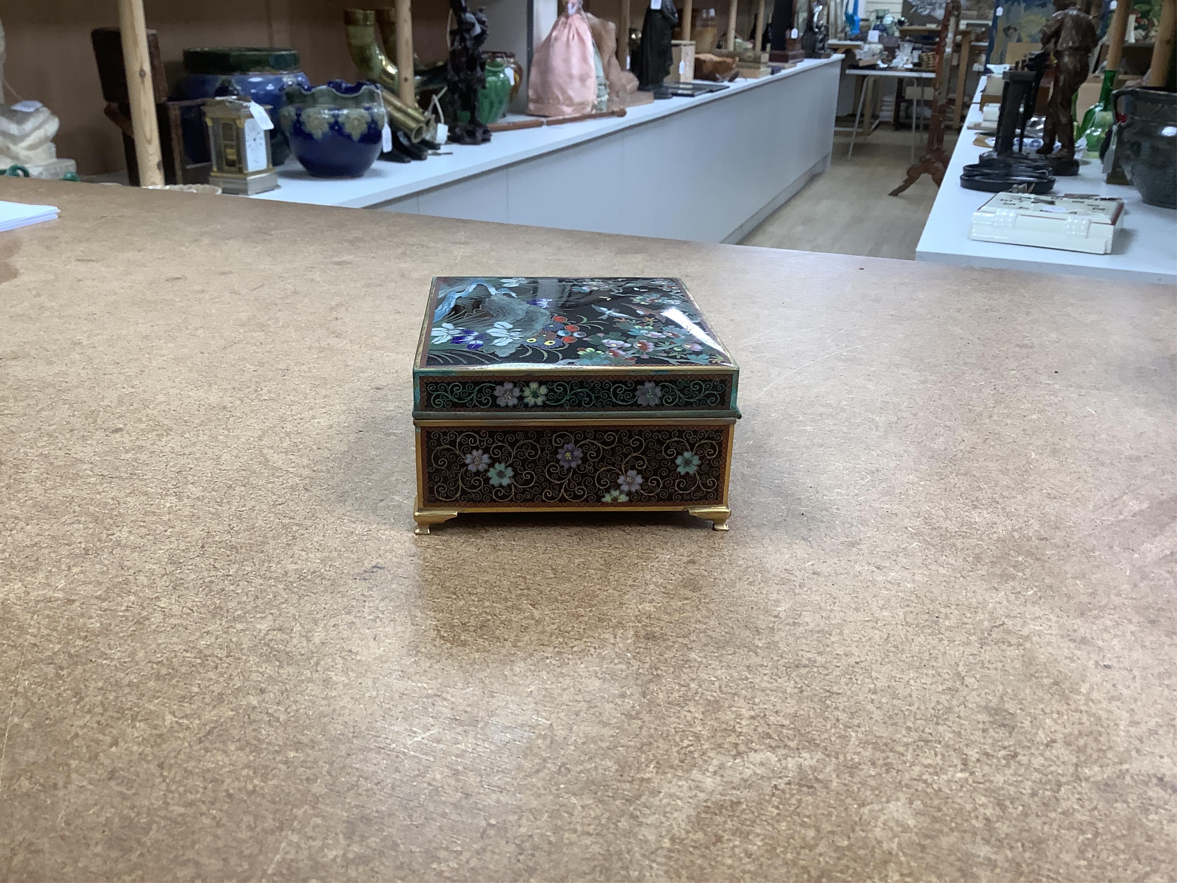 A Japanese cloisonné enamel cigarette box, early 20th century, a leather cased 1930's camera, a pair of enamelled opera glasses etc. condition - fair